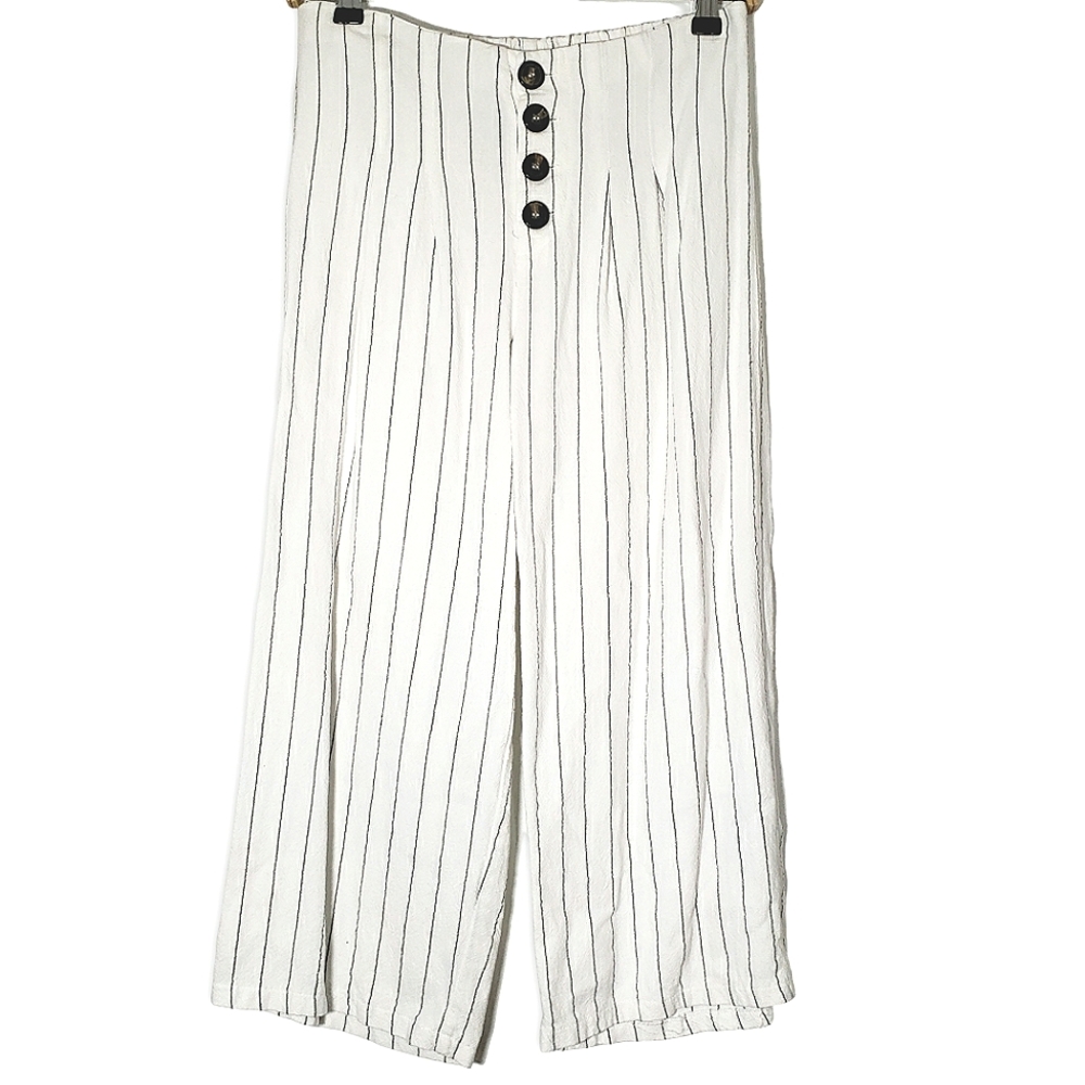 VGUC Kirious Pinstripe Linen Cotton Cropped Wide Leg Pant White Black Size M